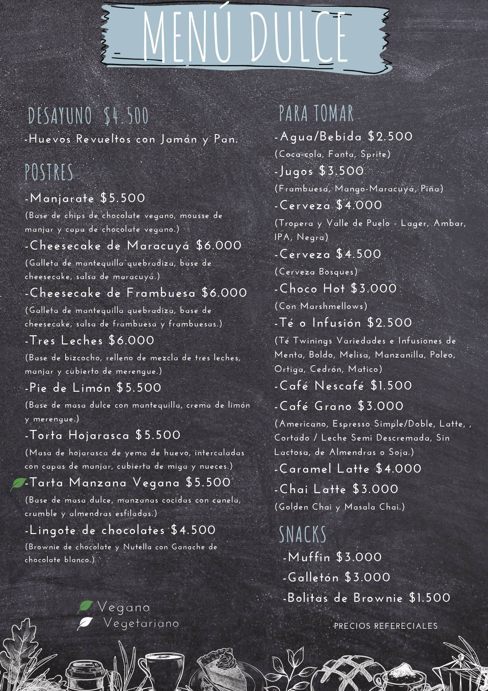 Menu dulce de la cafetería de Termas del Sol