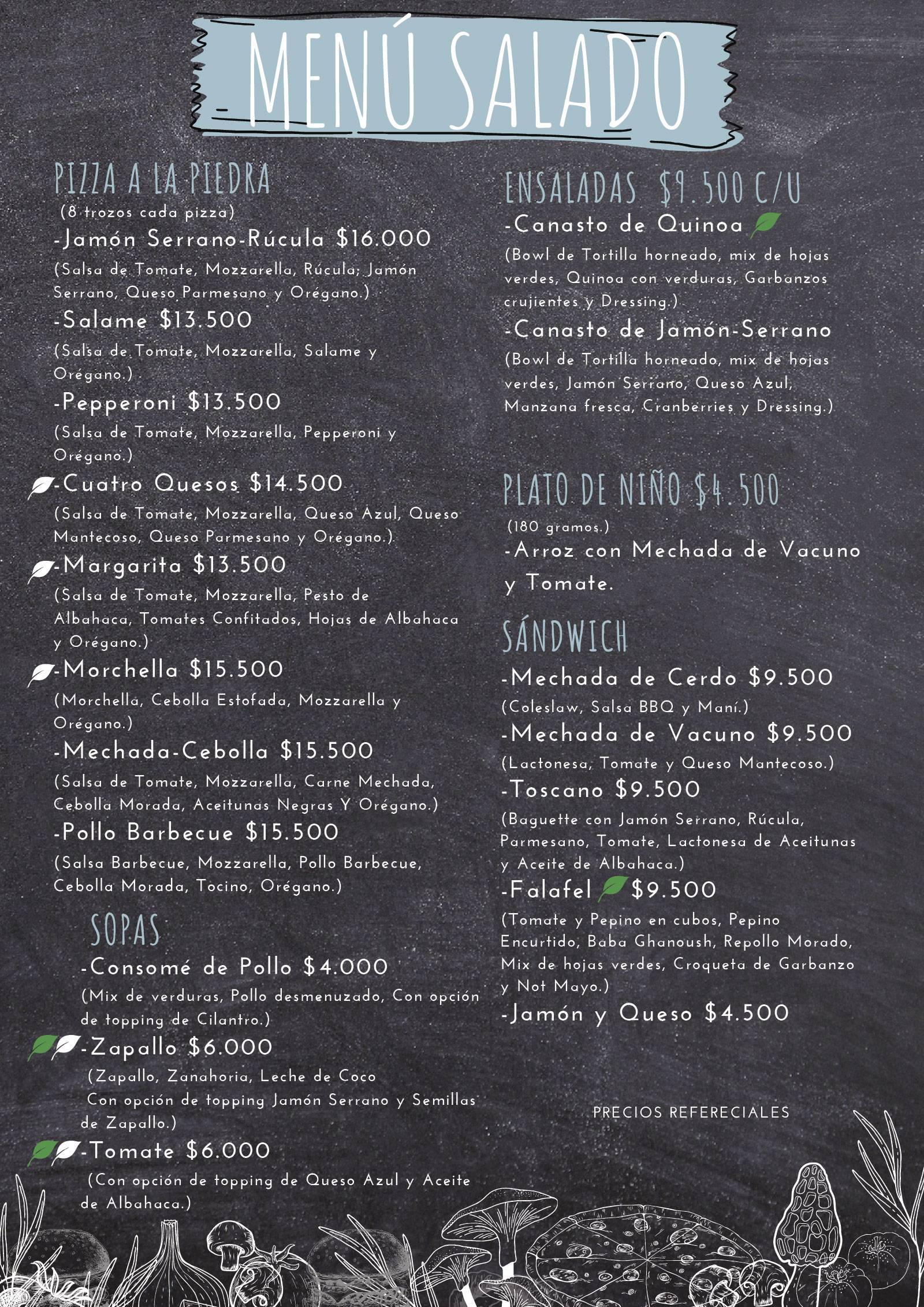 Menu salado de la cafetería de Termas del Sol